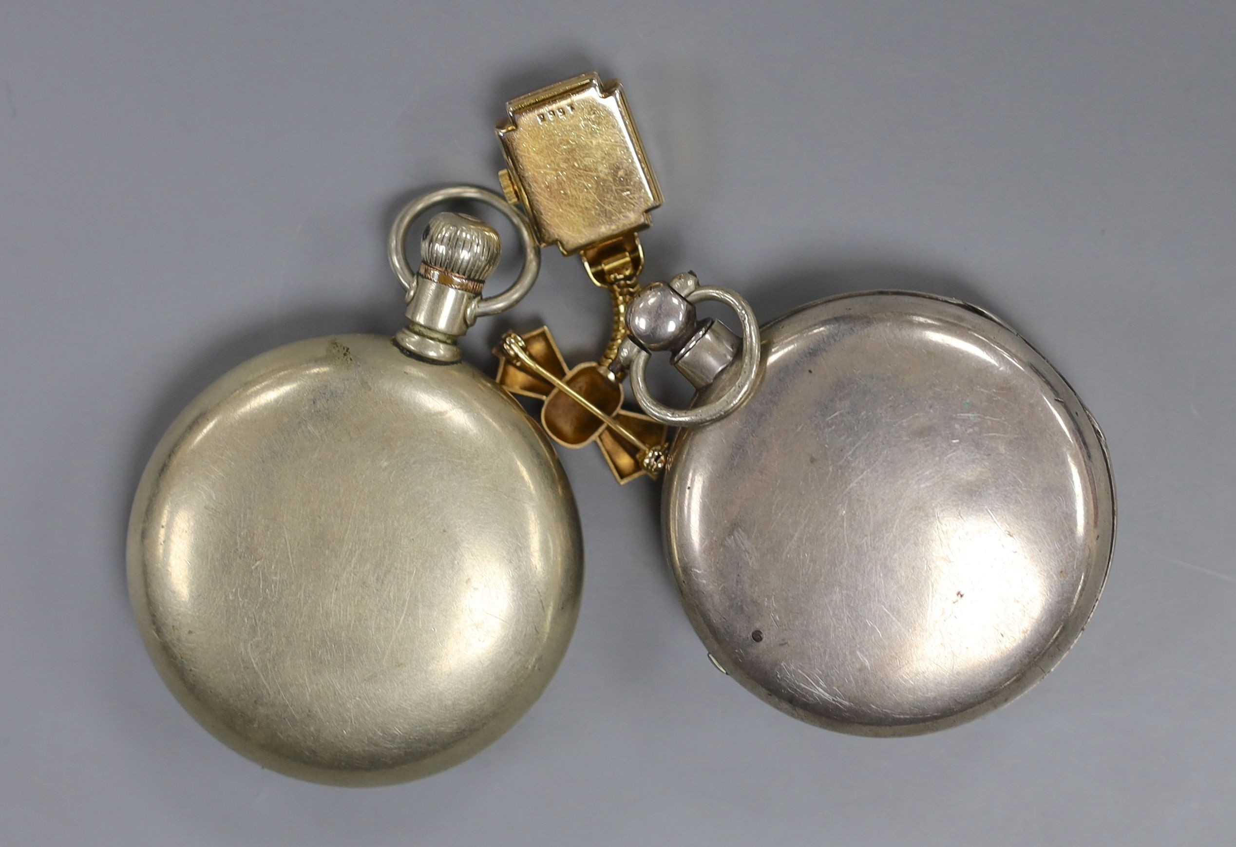 A 19th century silver pair cased keywind pocket watch by Gardner, Dunbar, one other pocket watch and a Bucherer lapel watch.